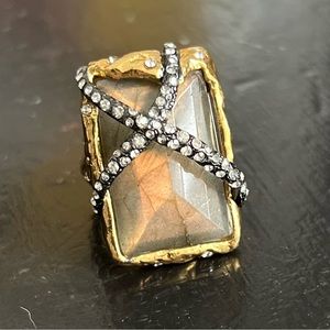 RARE Alexis Bittar Gold and Rhodium Crystal-Encrusted Ring with Green Stone